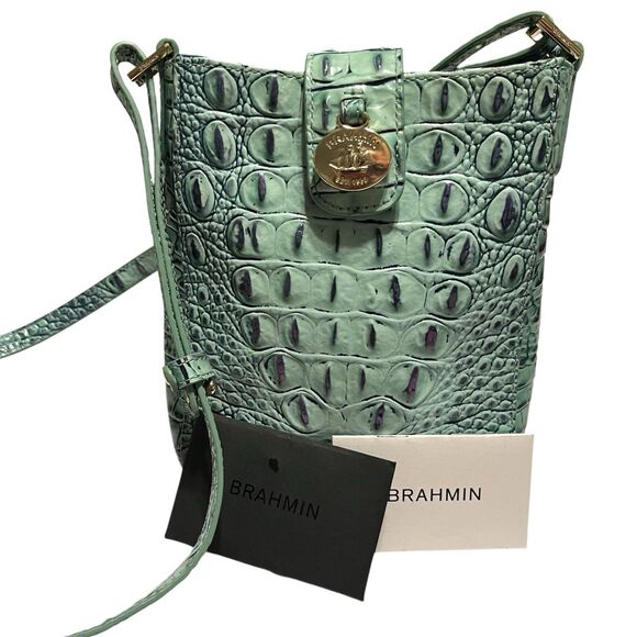 Brahmin Marley Blue Green Melbourne Croc Embossed Leather Crossbody Bag NWOT - Picture 1 of 13